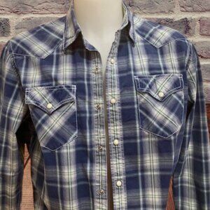 American Eagle L/S Blue Plaid Western Shirt Pearl Snaps